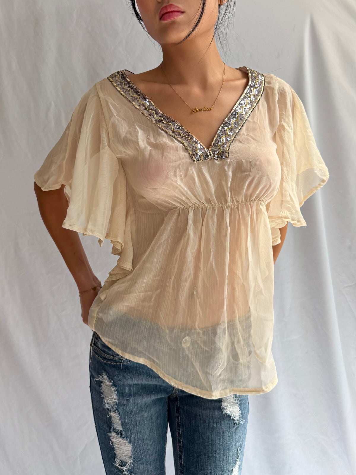 Vintage gold sequin flowy top