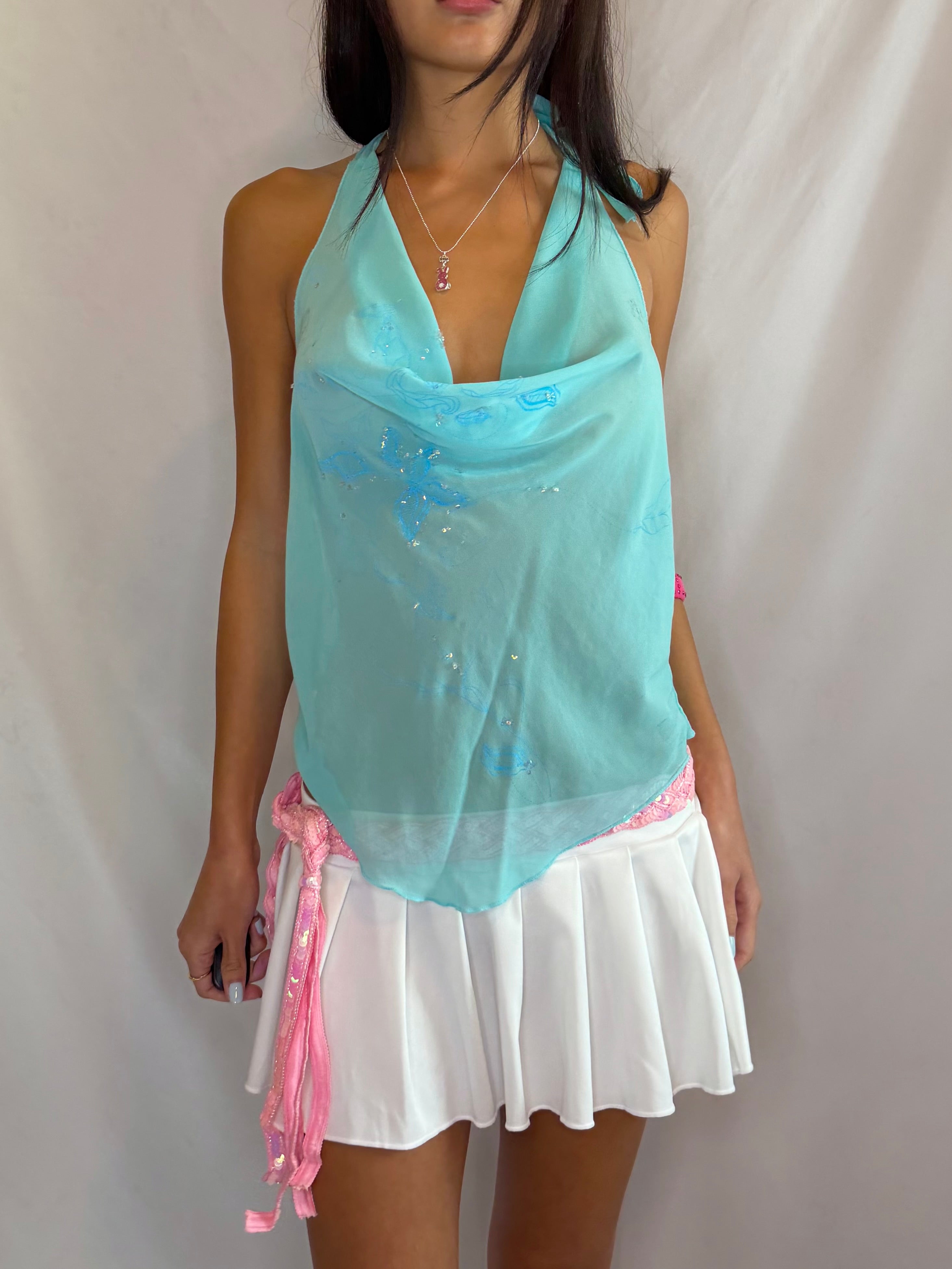 Vintage aqua sheer fairy halter top