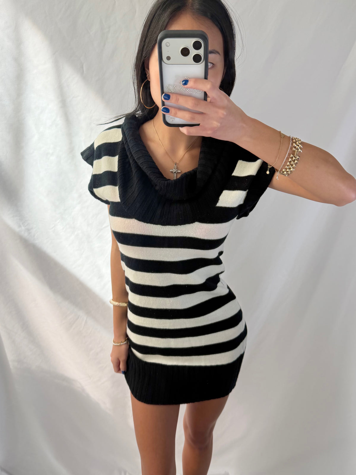 Vintage black & white striped sweater mini dress