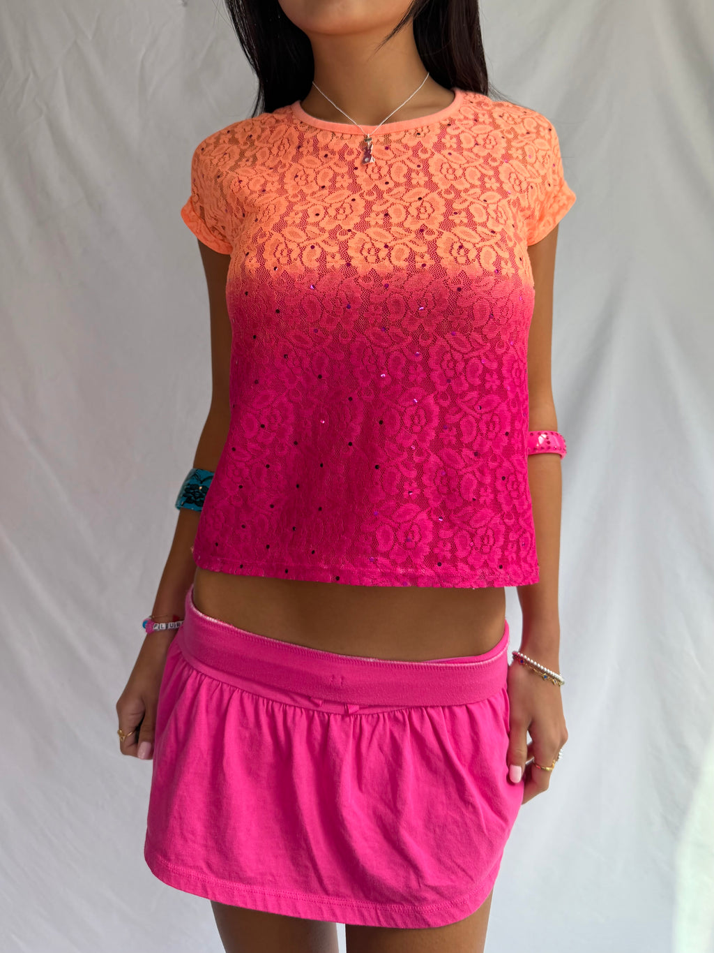 Vintage pink ombre lace baby tee