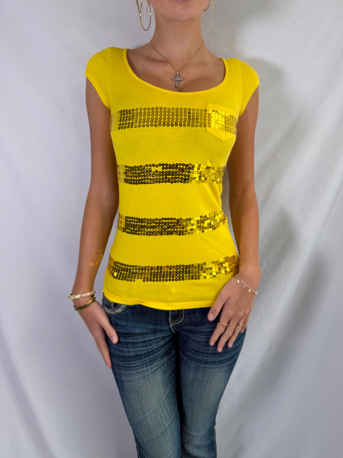 Vintage yellow sequin striped top