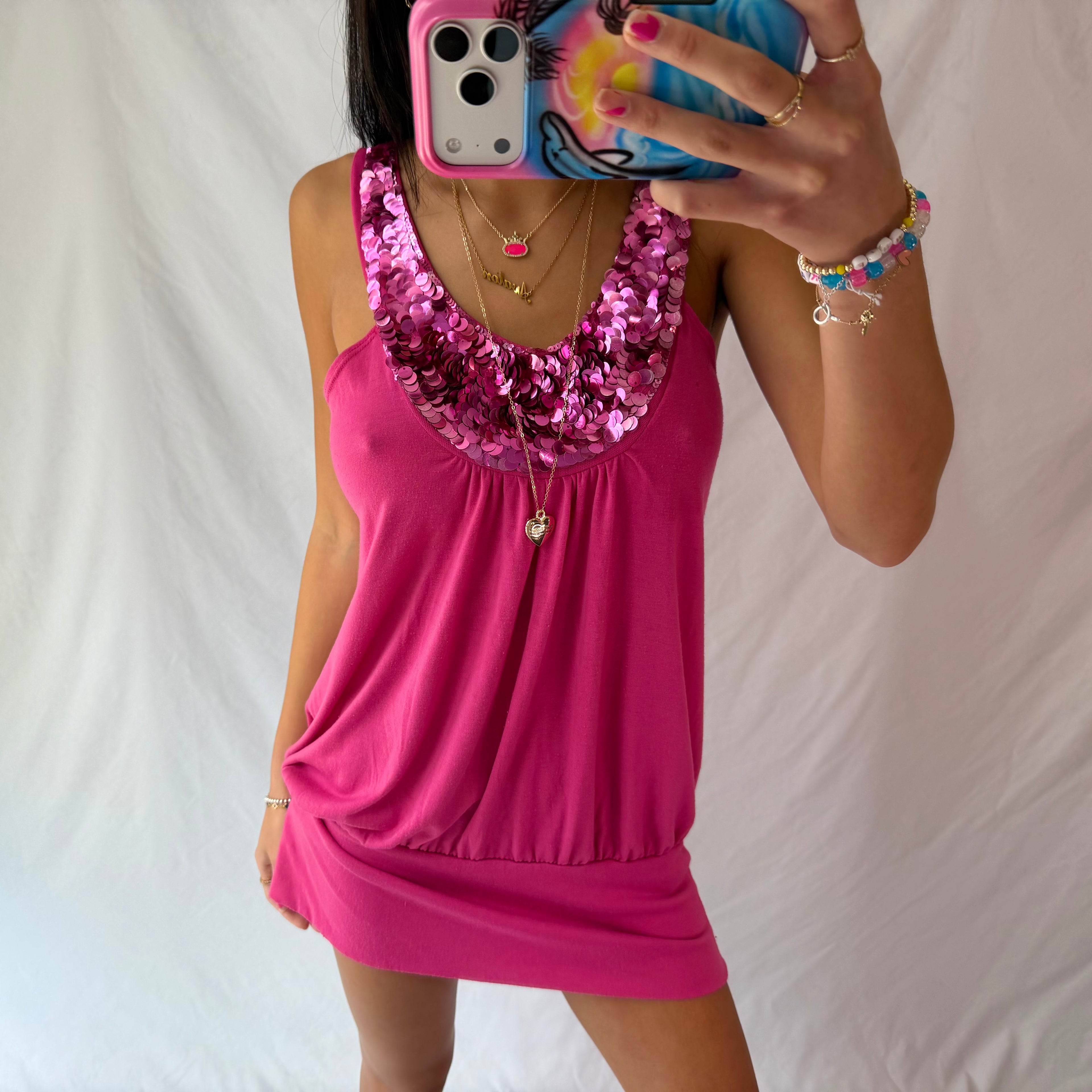 vintage hot pink sequin mini dress .𖥔 ݁ ˖