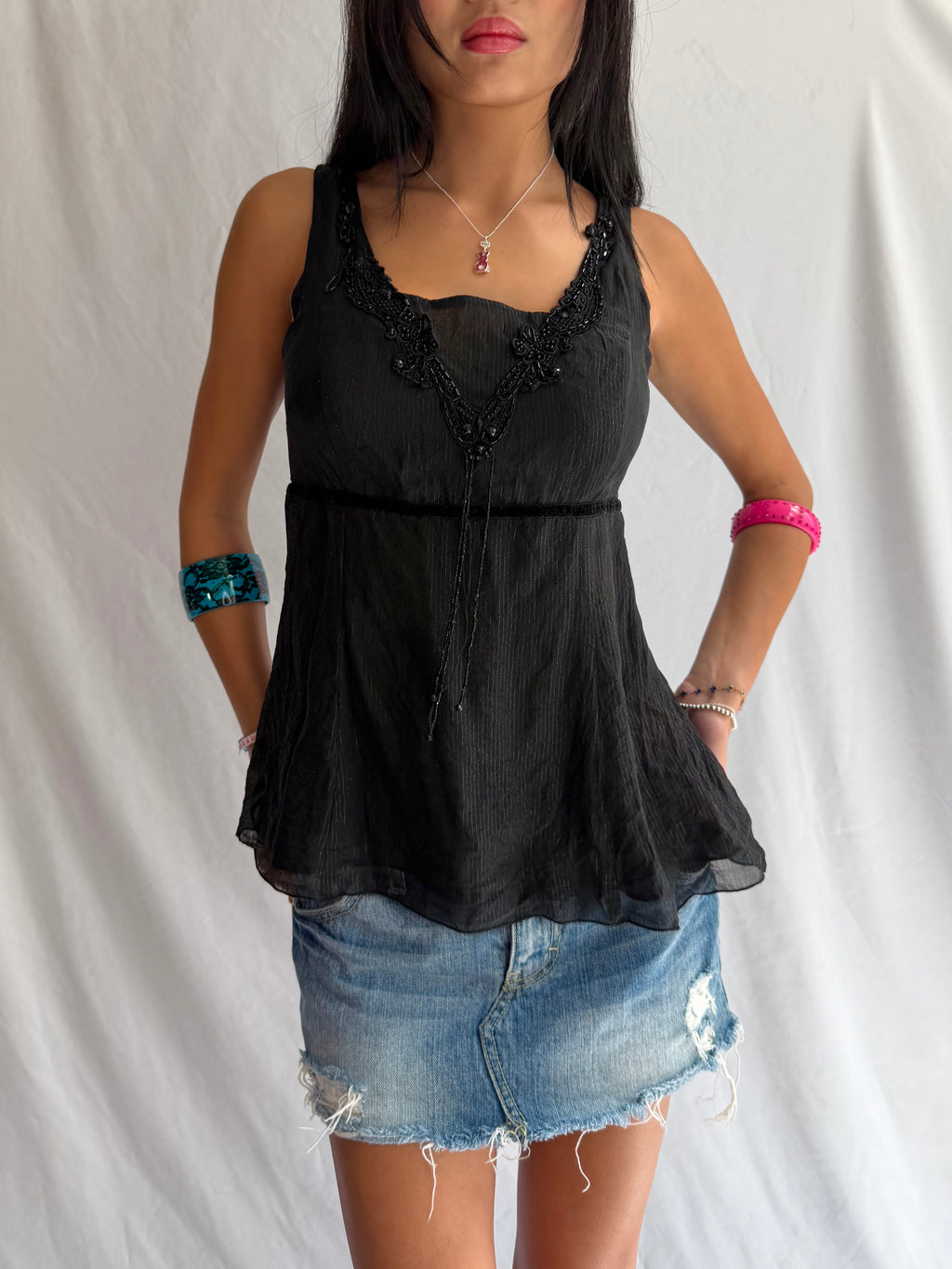 Vintage black embellished tank top
