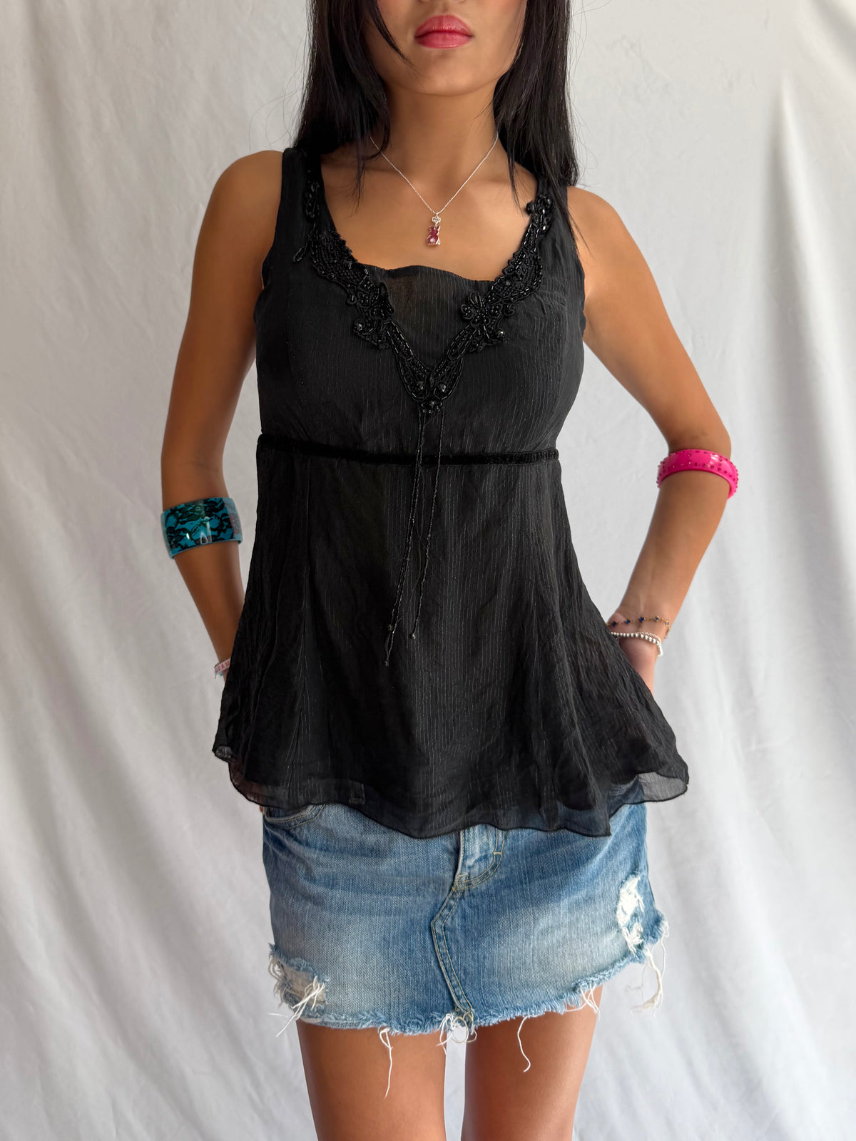 Vintage black embellished tank top