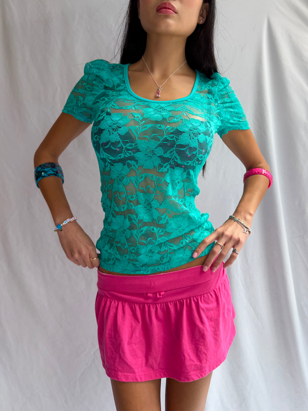 Vintage teal sheer lace top