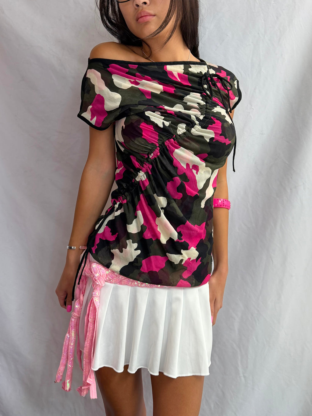 Vintage pink camo off the shoulder top