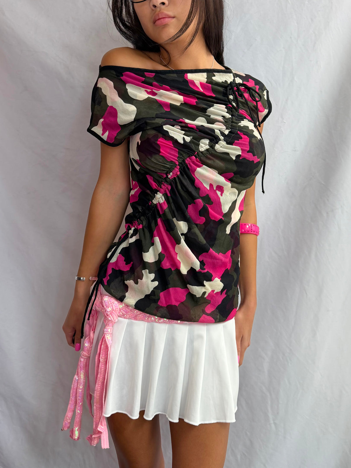 Vintage pink camo off the shoulder top