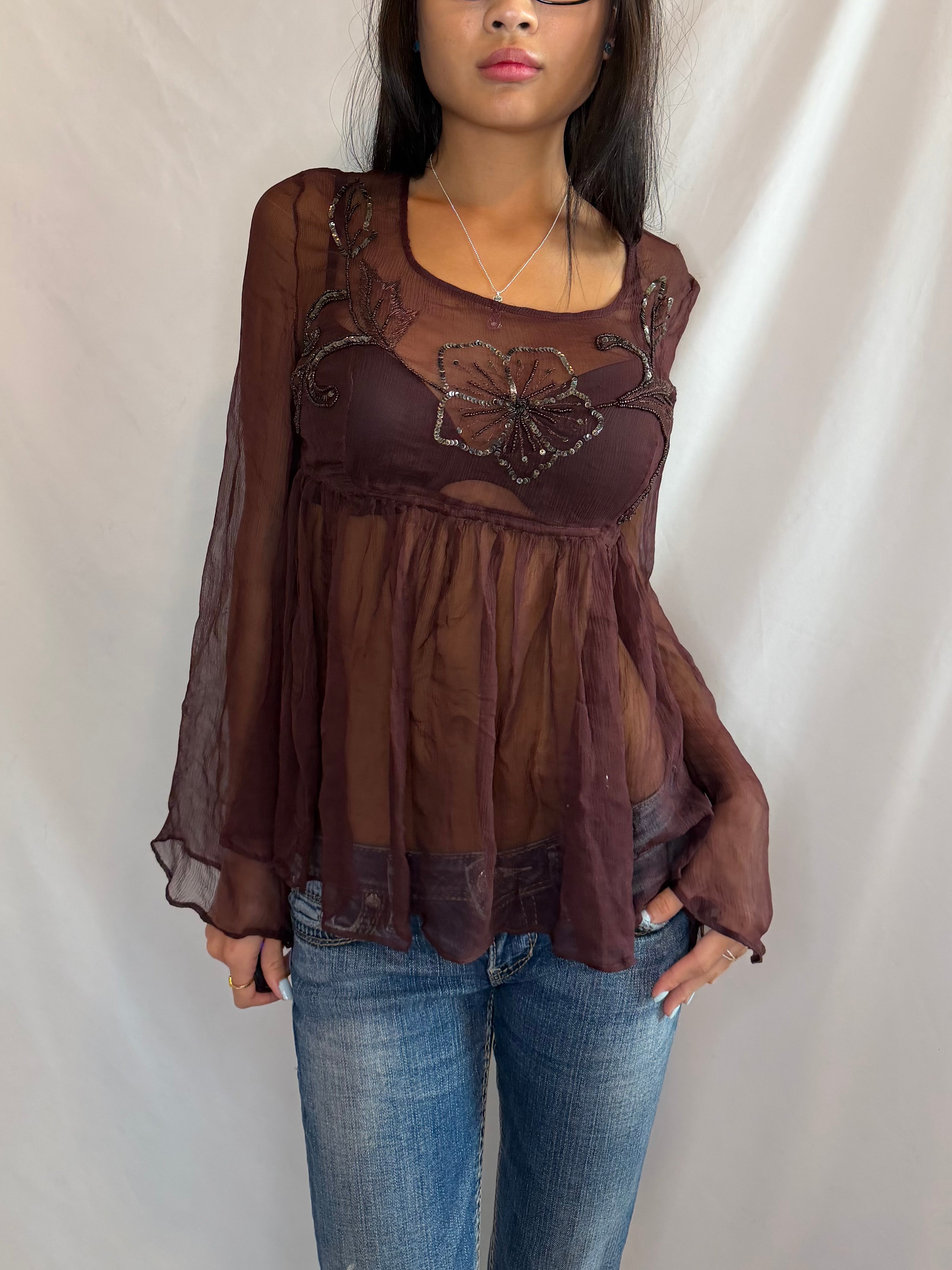 Vintage brown sheer babydoll top