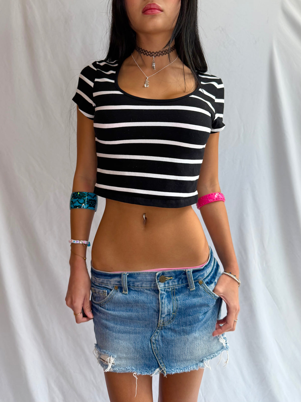 Vintage navy & white striped crop top