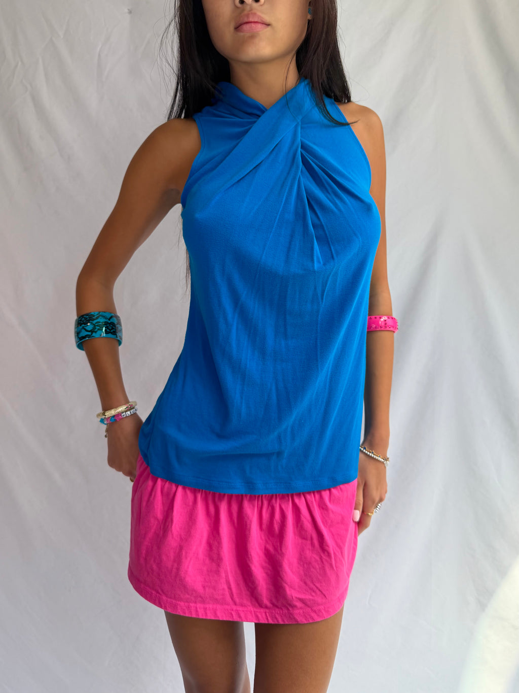 Vintage blue mock neck halter top