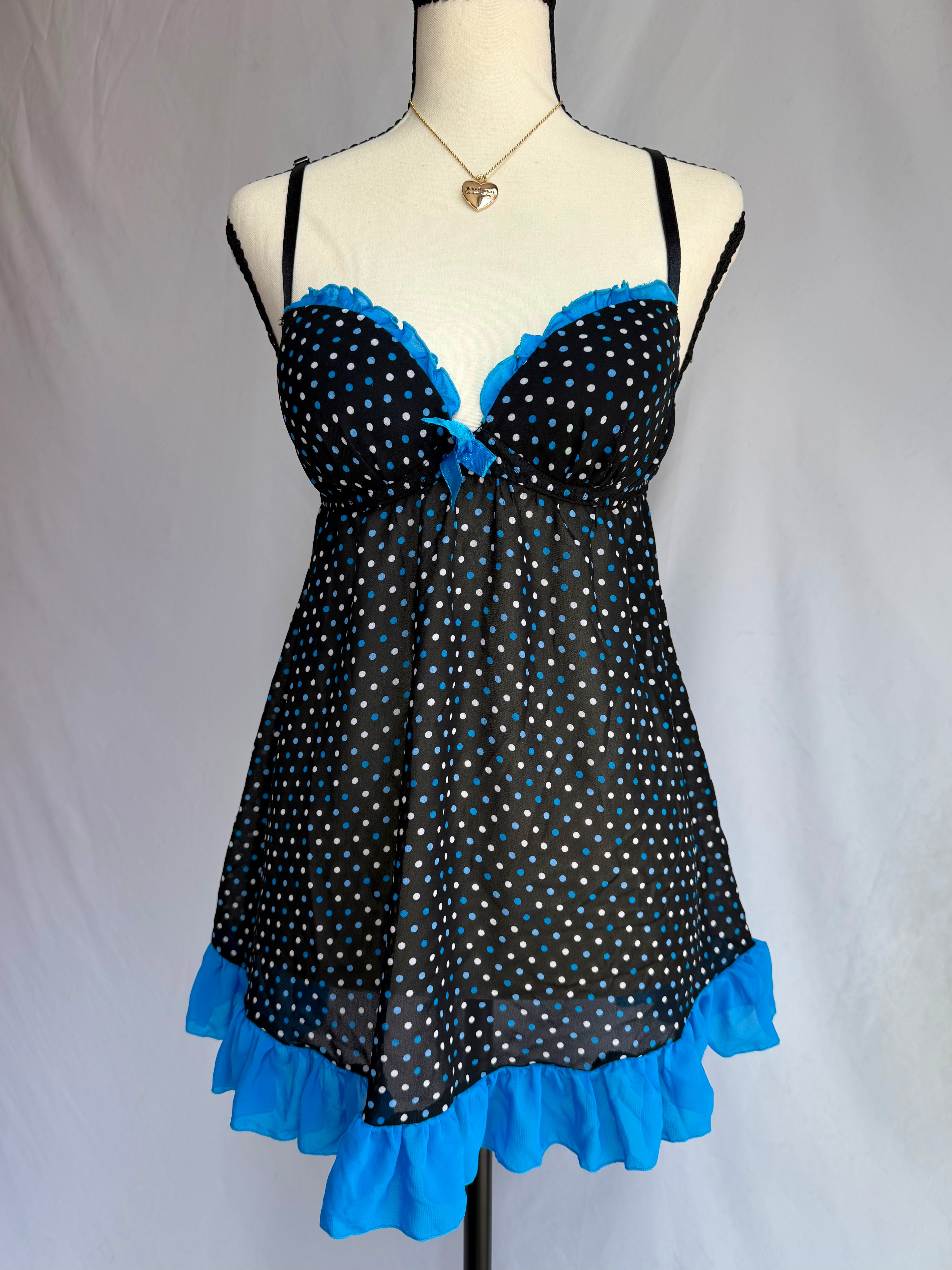 vintage blue polka dot babydoll dress₊˚⊹♡