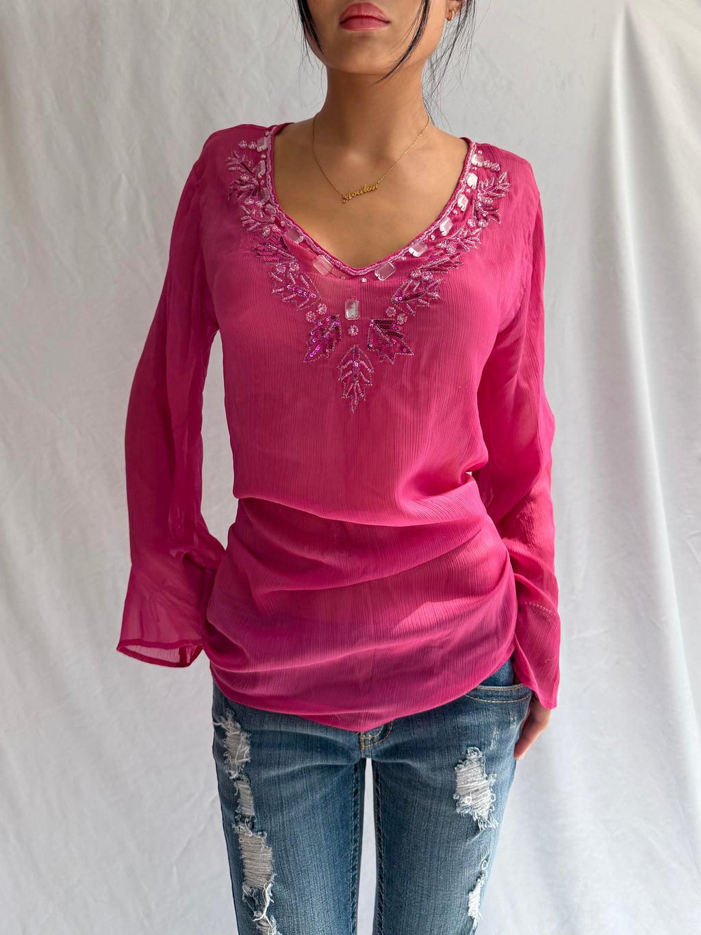 Vintage sheer pink embellished mini dress top