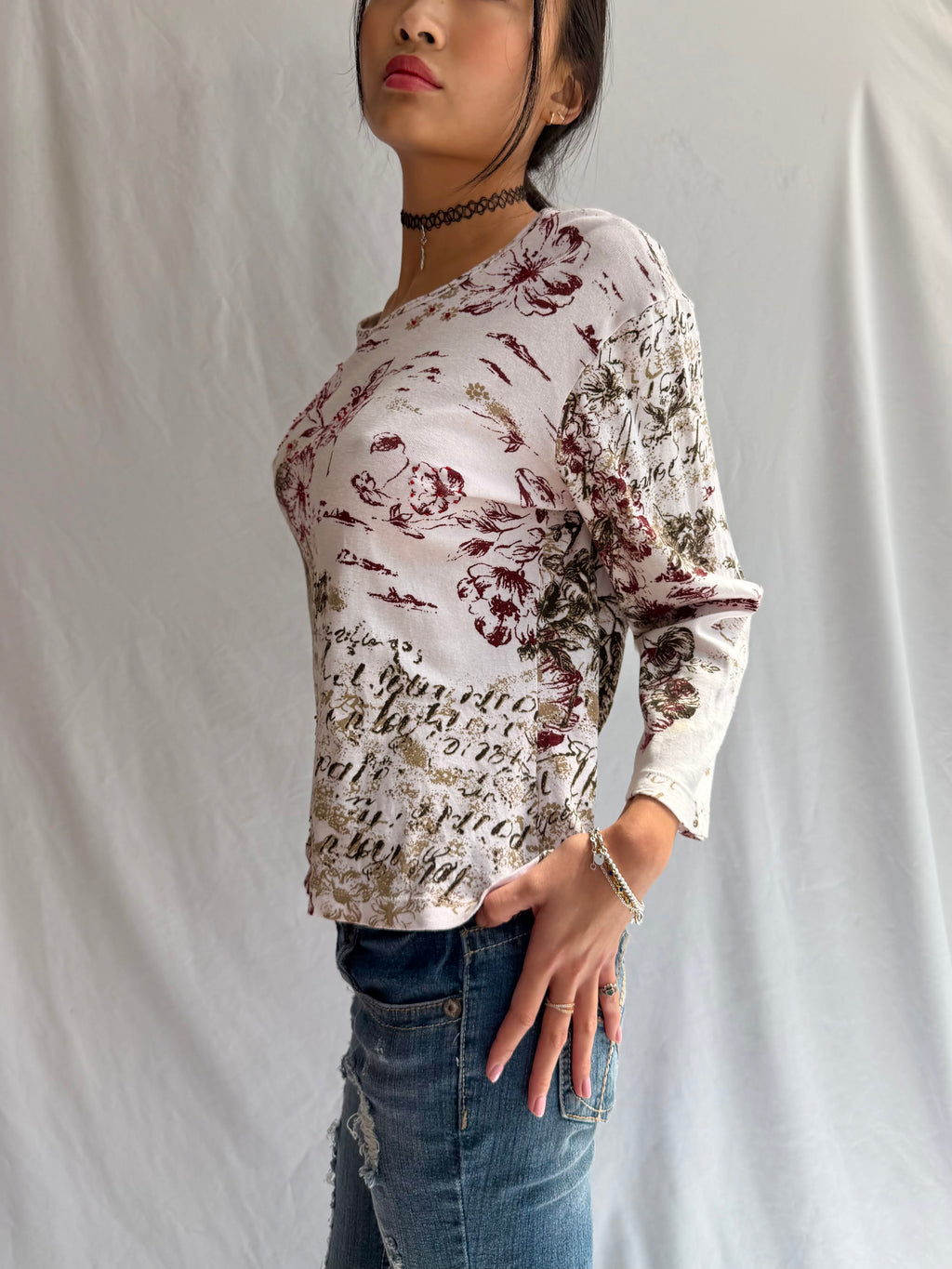 Vintage white & brown rhinestone long sleeve top