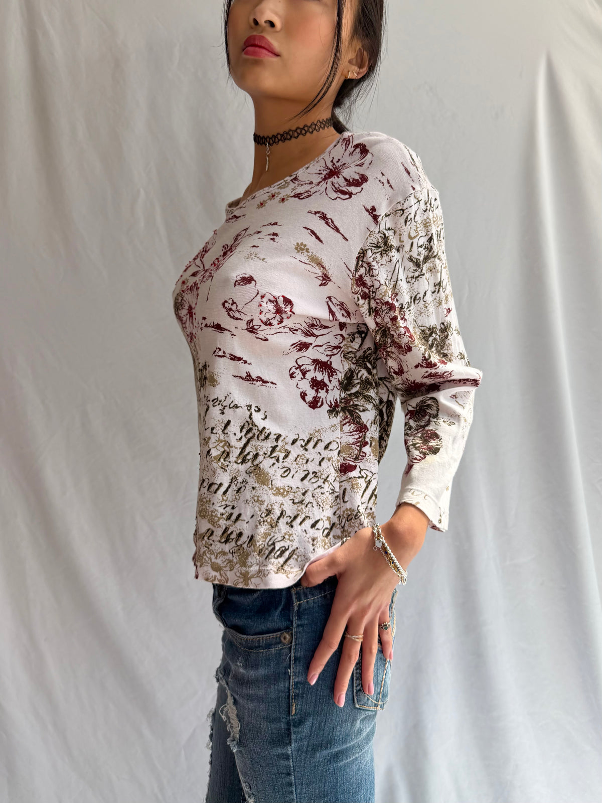 Vintage white & brown rhinestone long sleeve top
