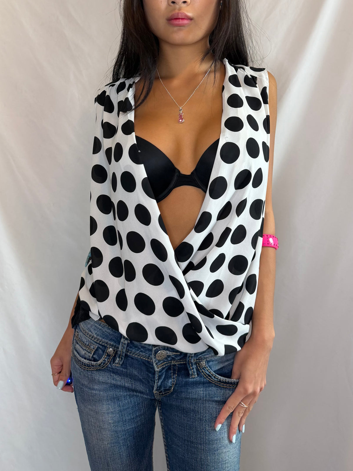 Vintage low draped polka dot top