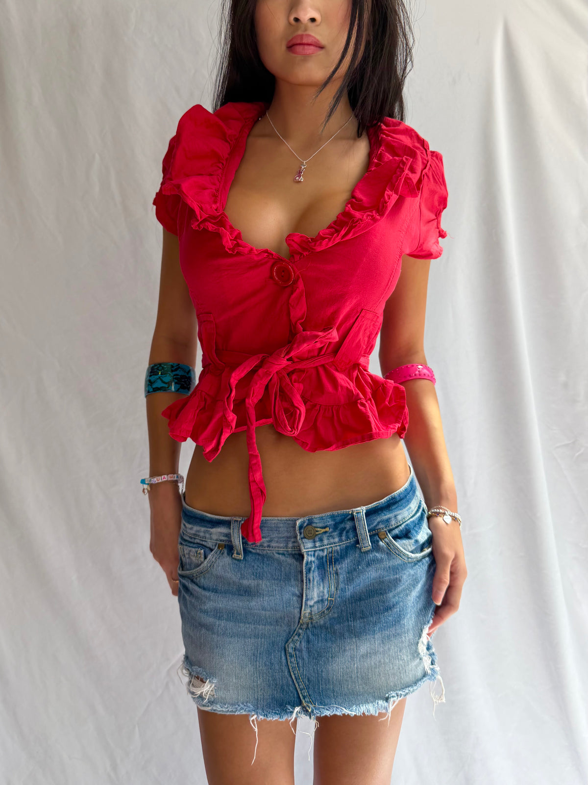 Vintage red ruffled button top