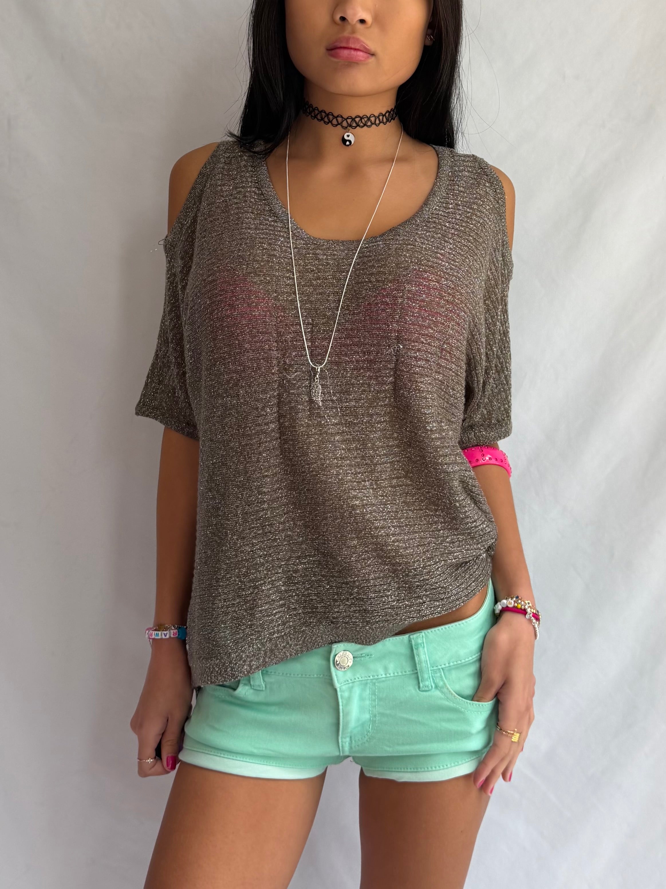 vintage metallic off the shoulder top .𖥔 ݁ ˖