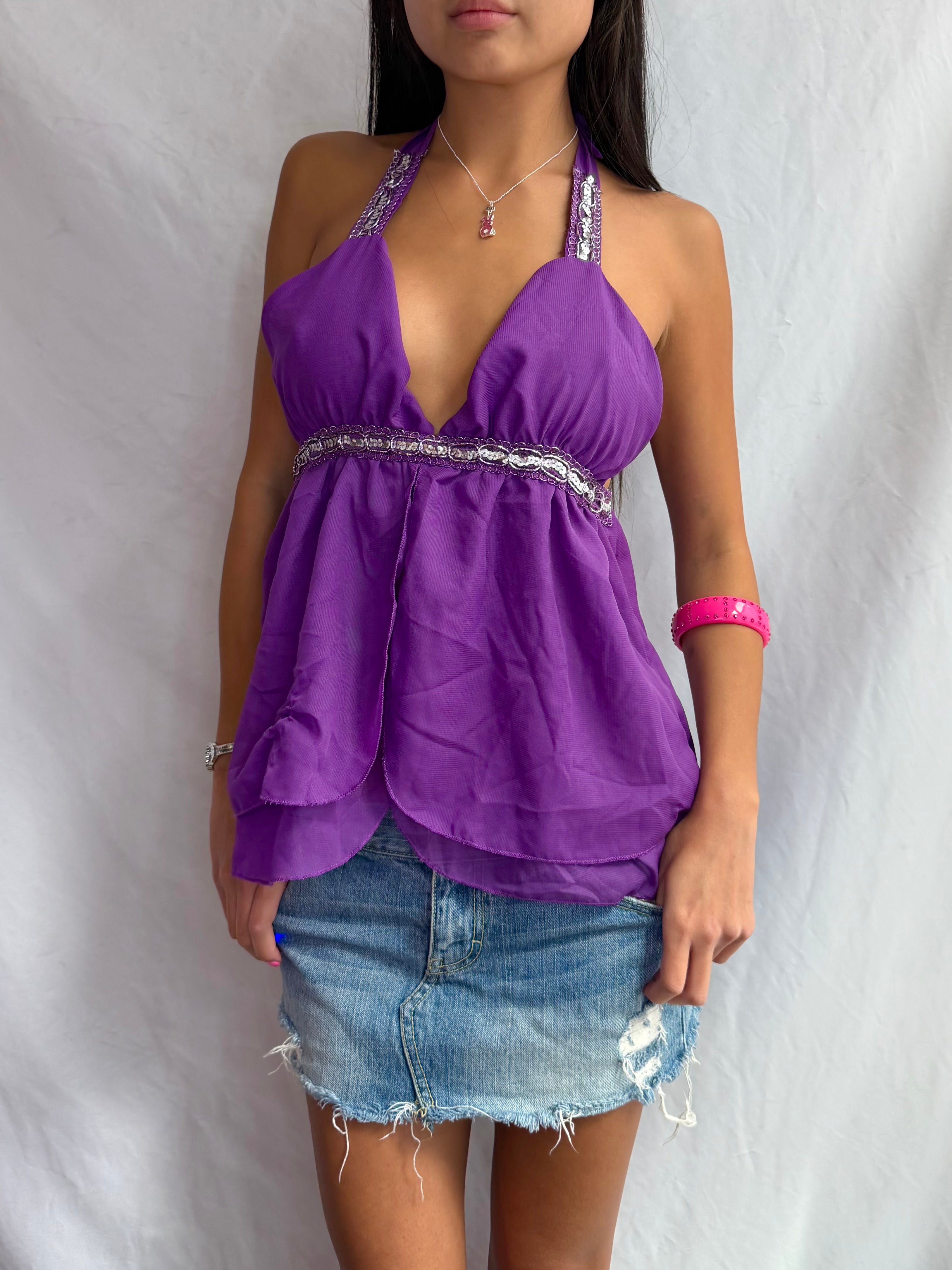 Vintage purple sequin halter top