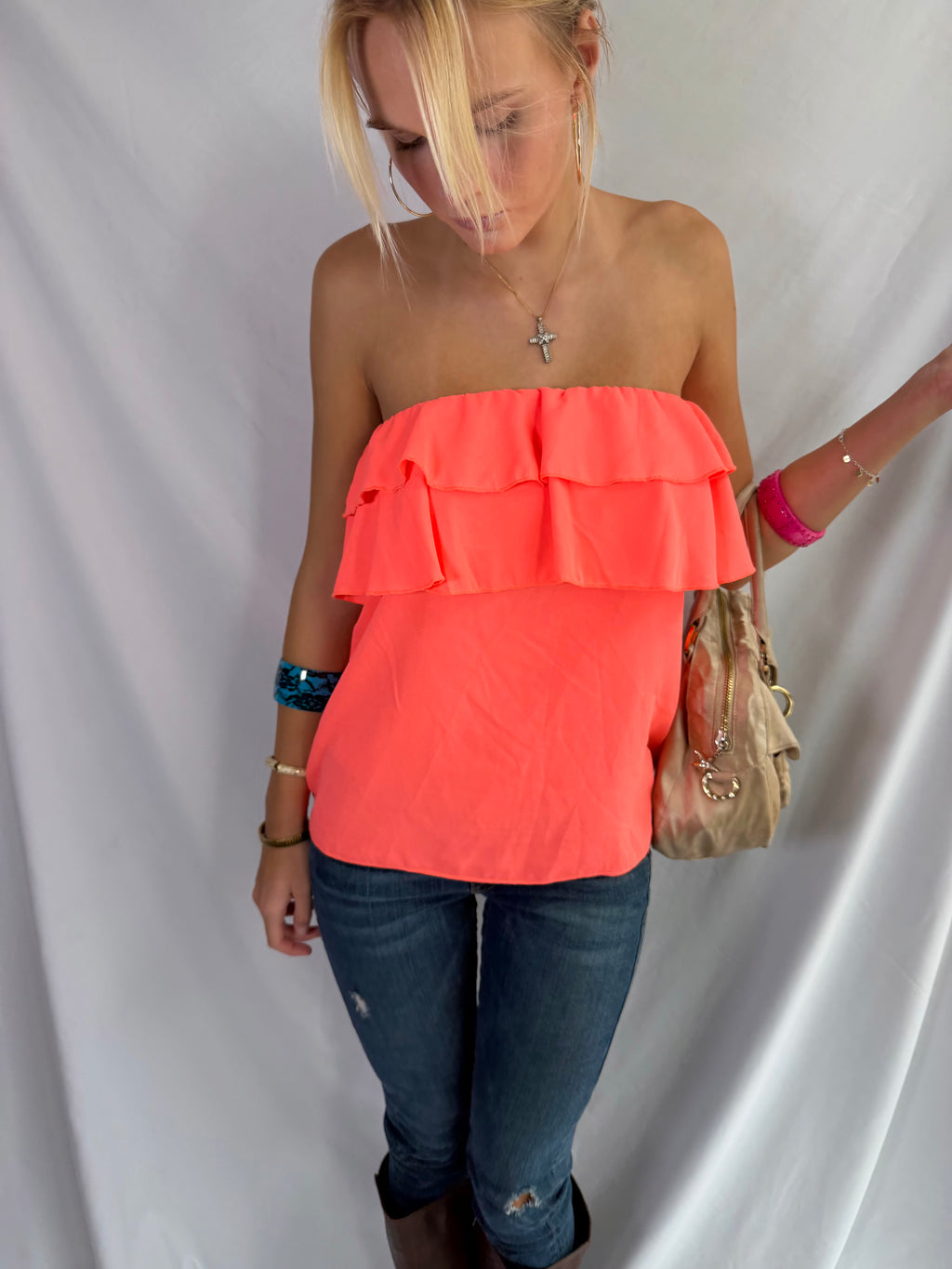 Vintage neon strapless ruffle top