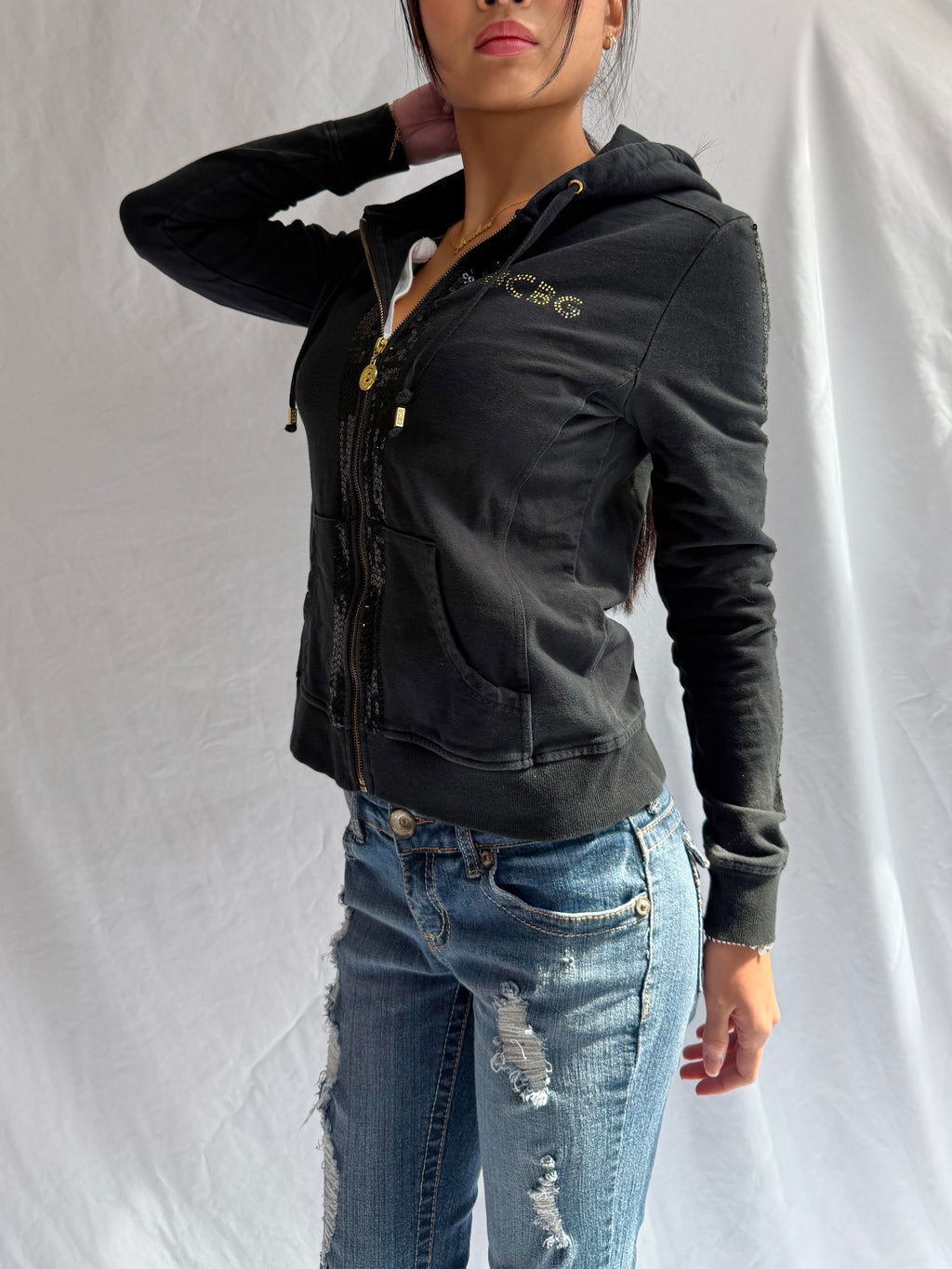 Vintage BCBG black sequin zip up hoodie
