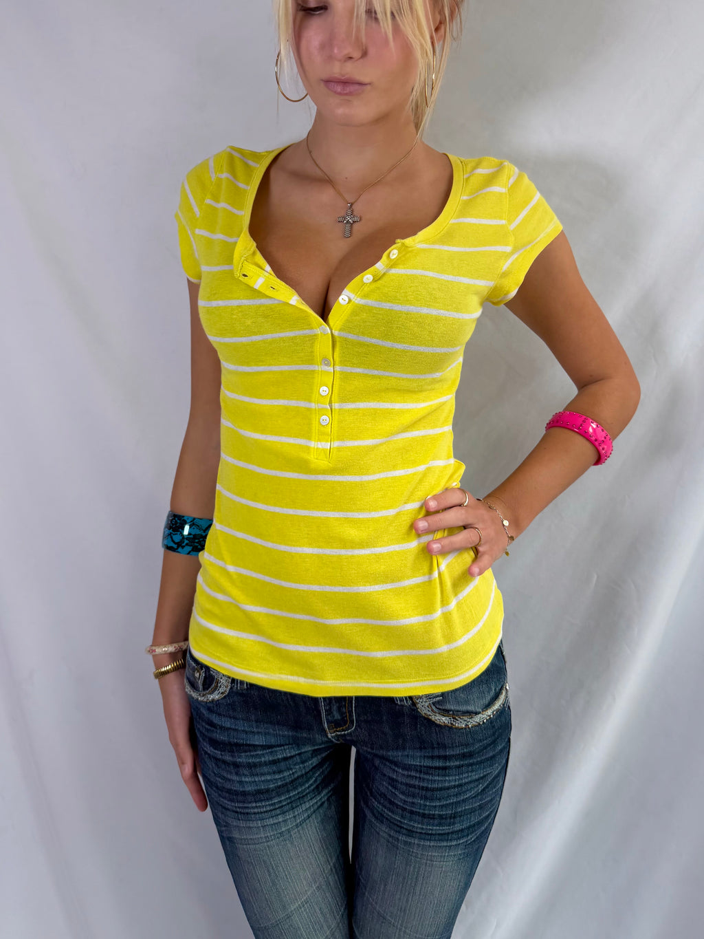 Vintage yellow striped button top