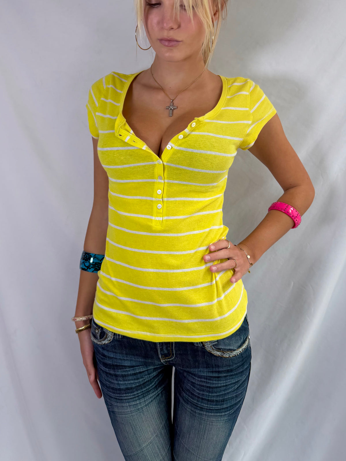 Vintage yellow striped button top