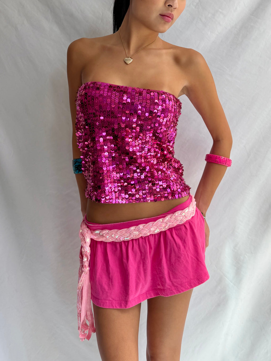 Vintage pink sequin strapless top