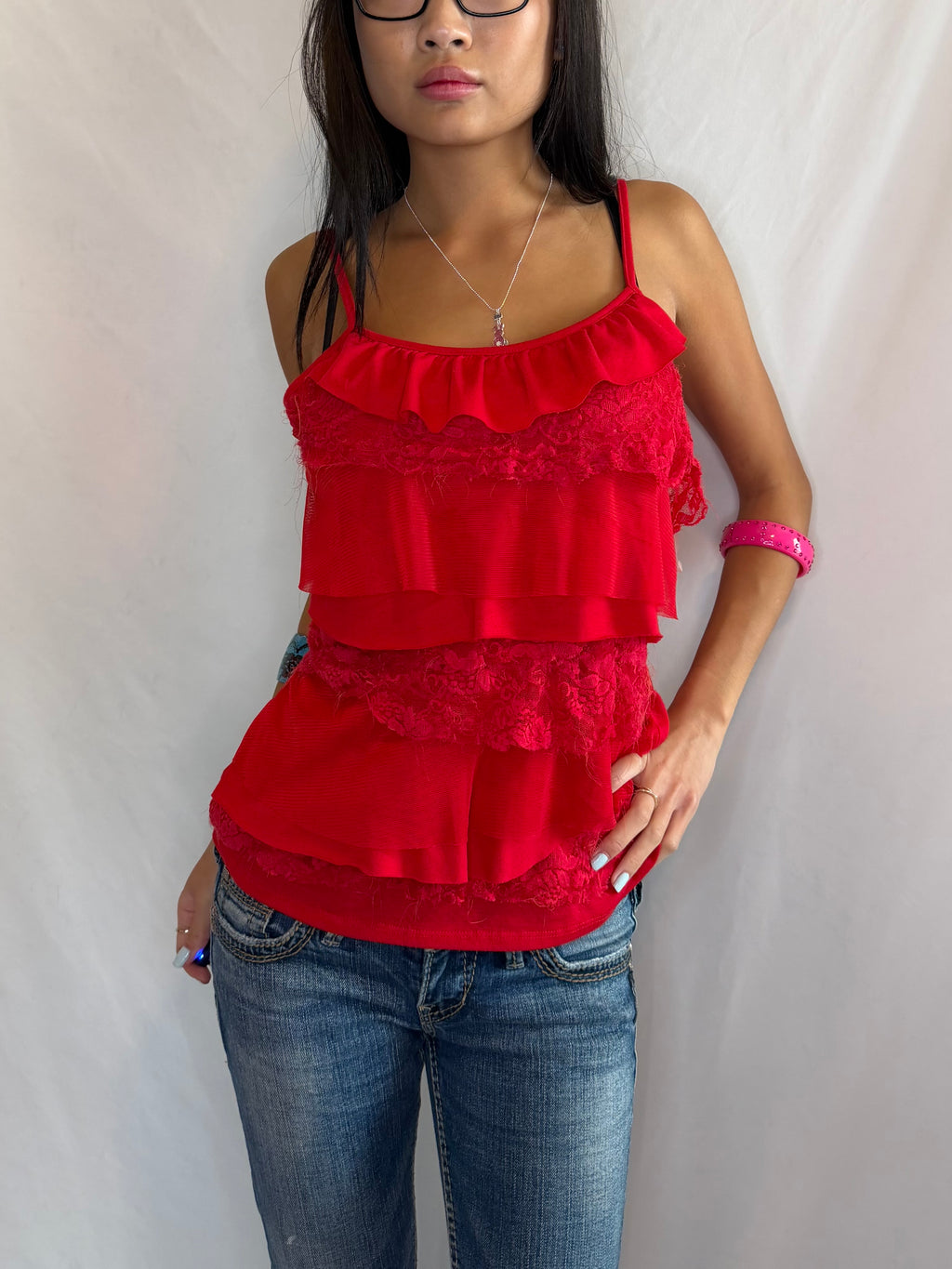 Vintage red lace ruffle tank top