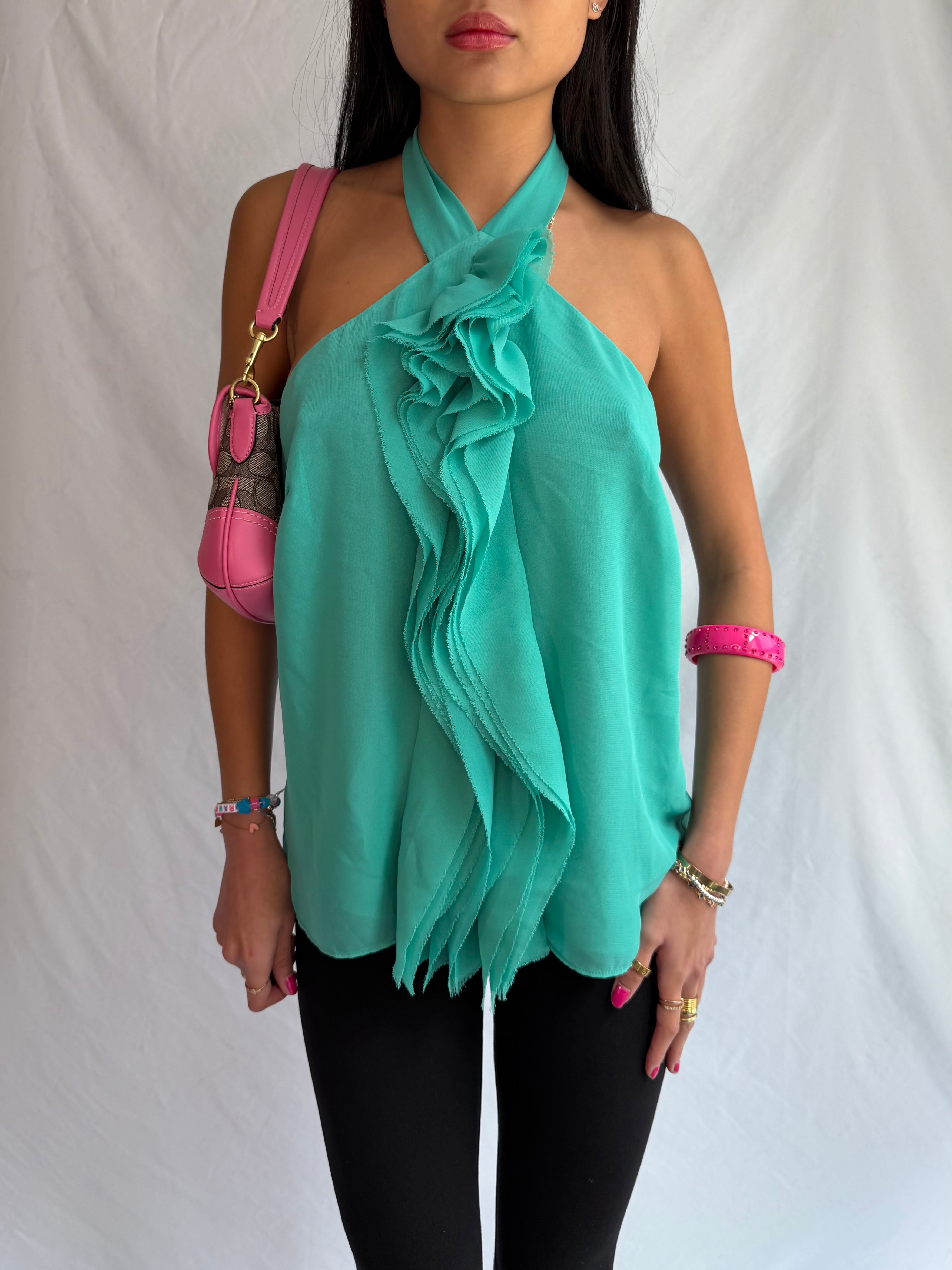 vintage teal ruffle halter top ⋆˙⟡