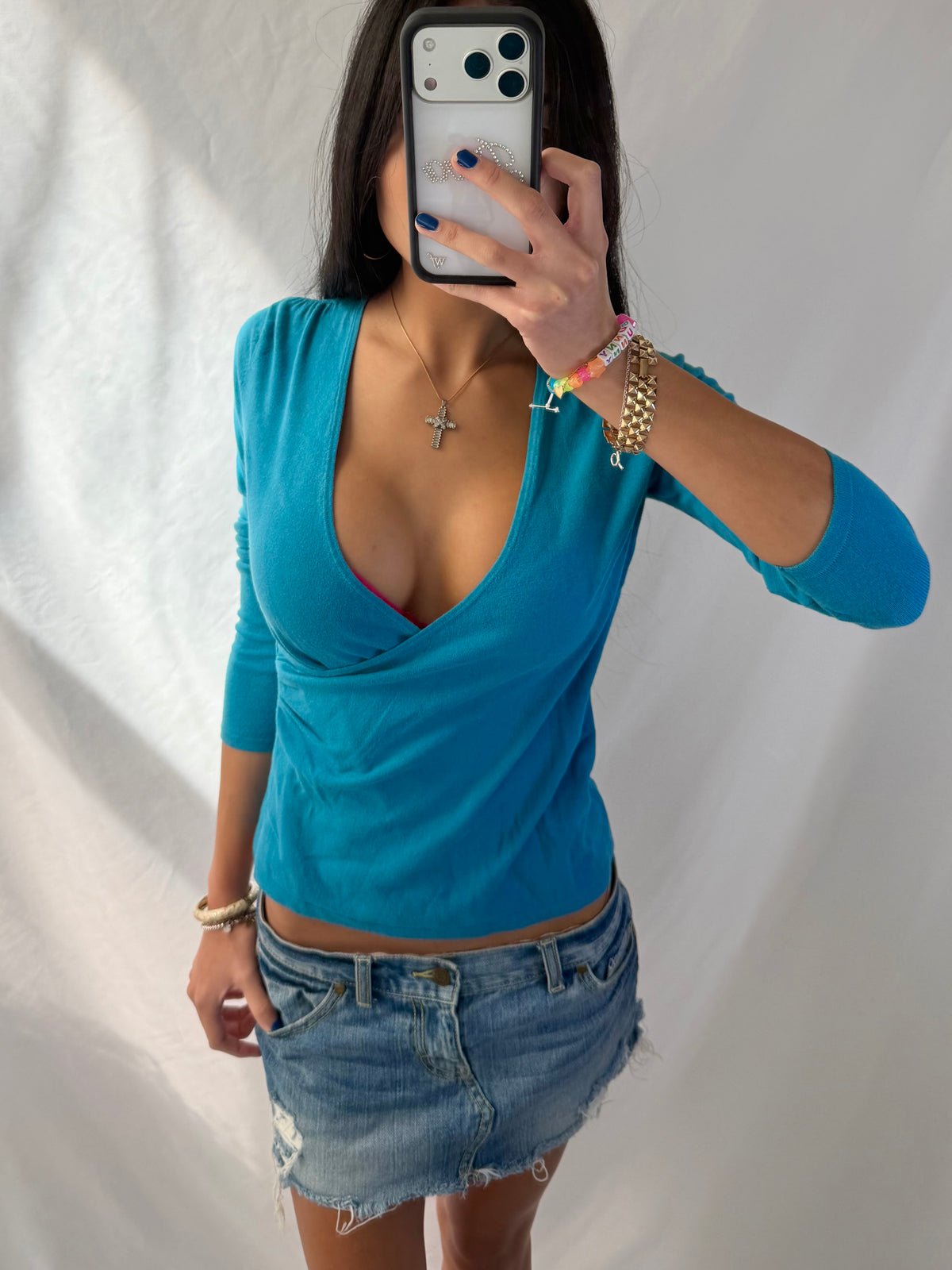 Vintage turquoise v neck long sleeve top
