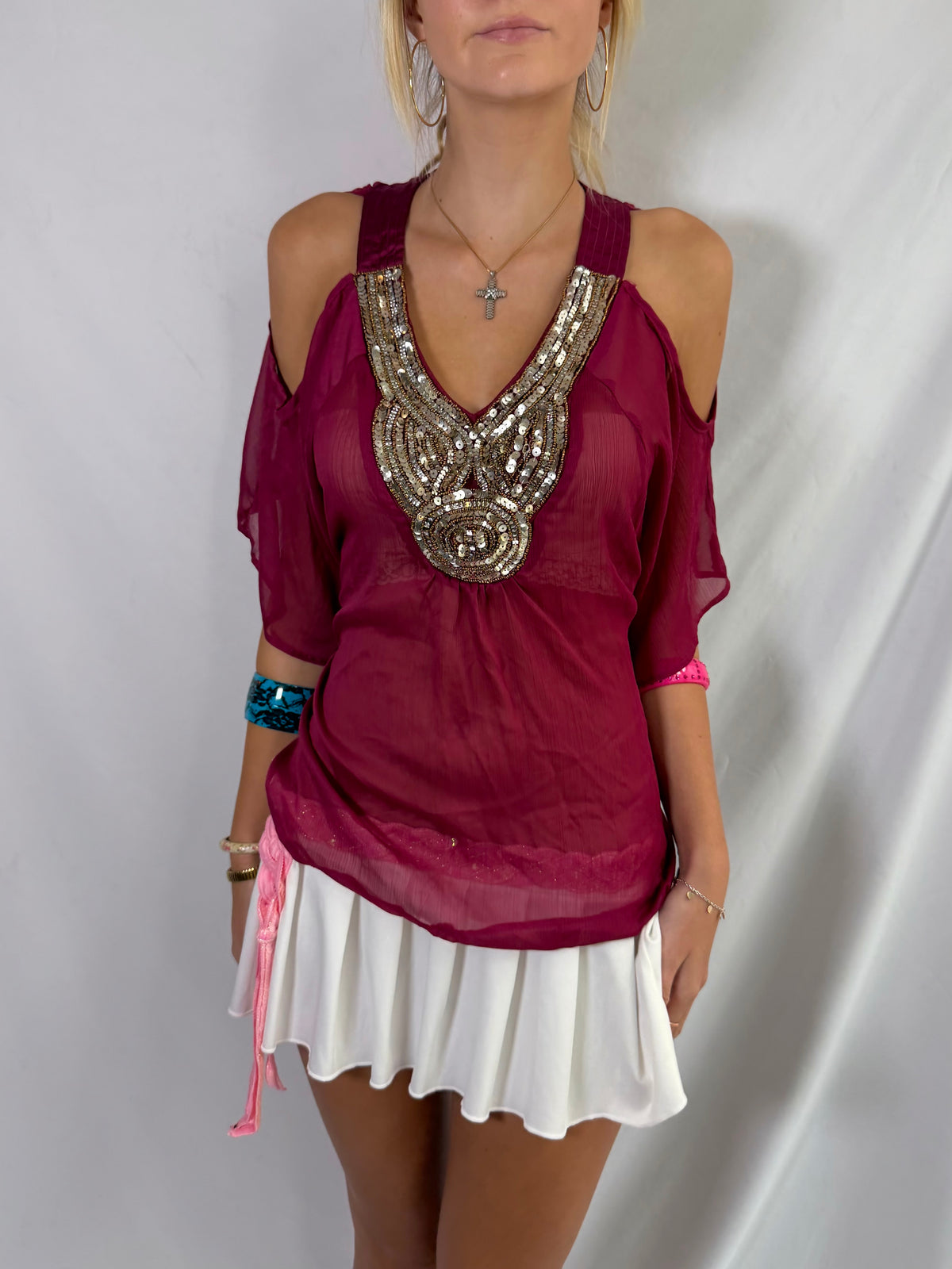 Vintage maroon sheer beaded top