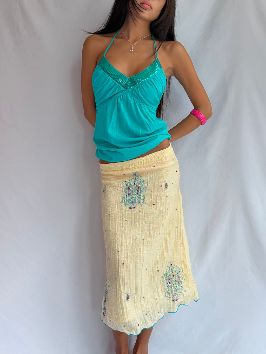 Vintage yellow beaded maxi skirt
