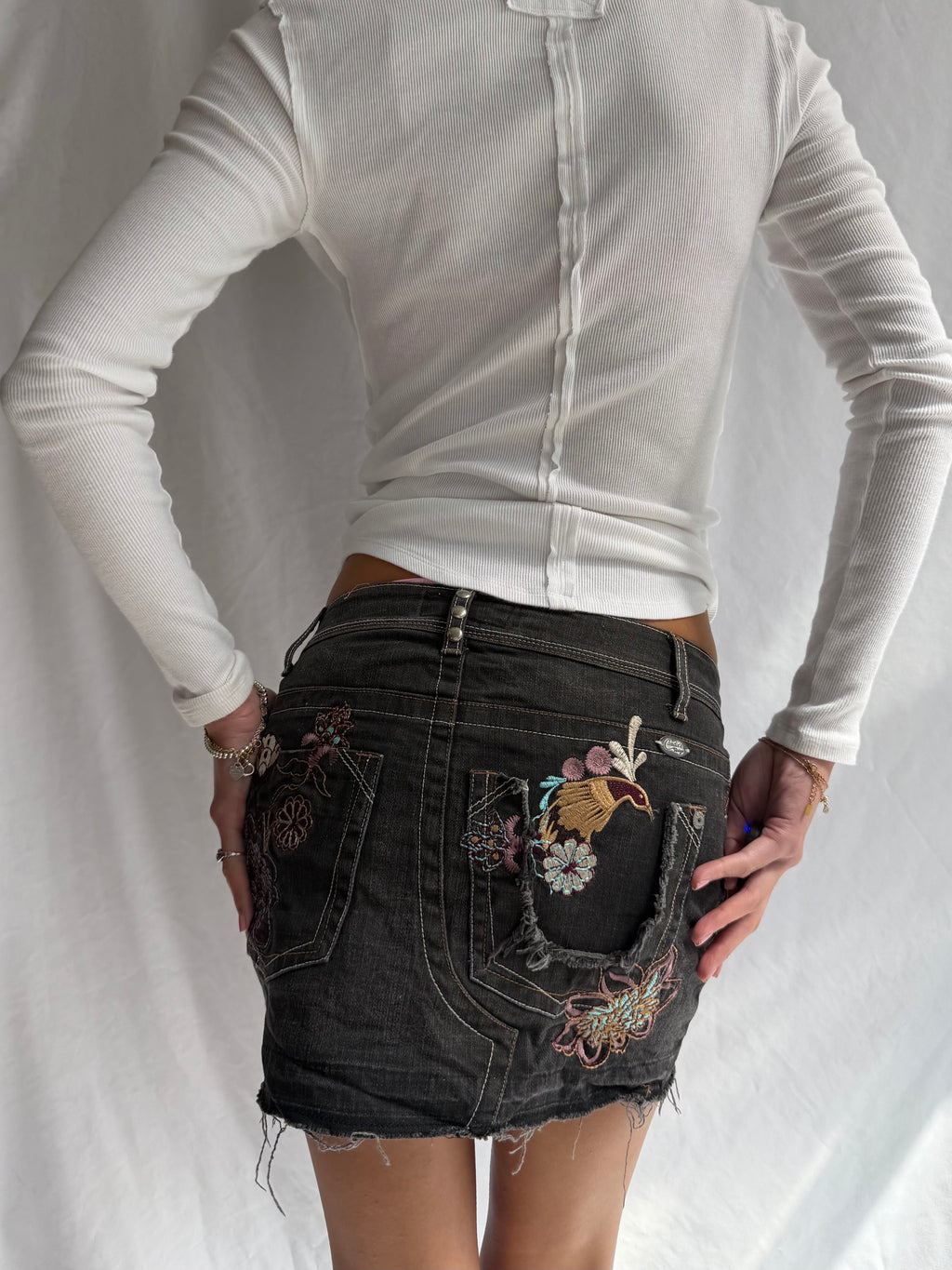 Vintage Candies embroidered denim mini skirt