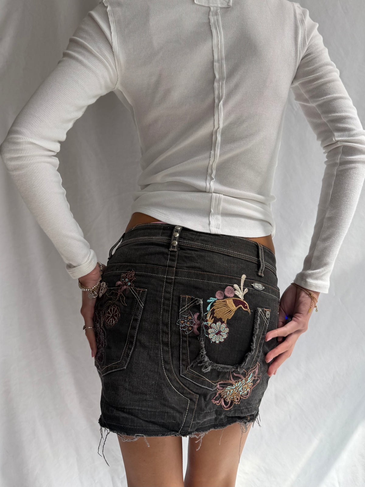Vintage Candies embroidered denim mini skirt