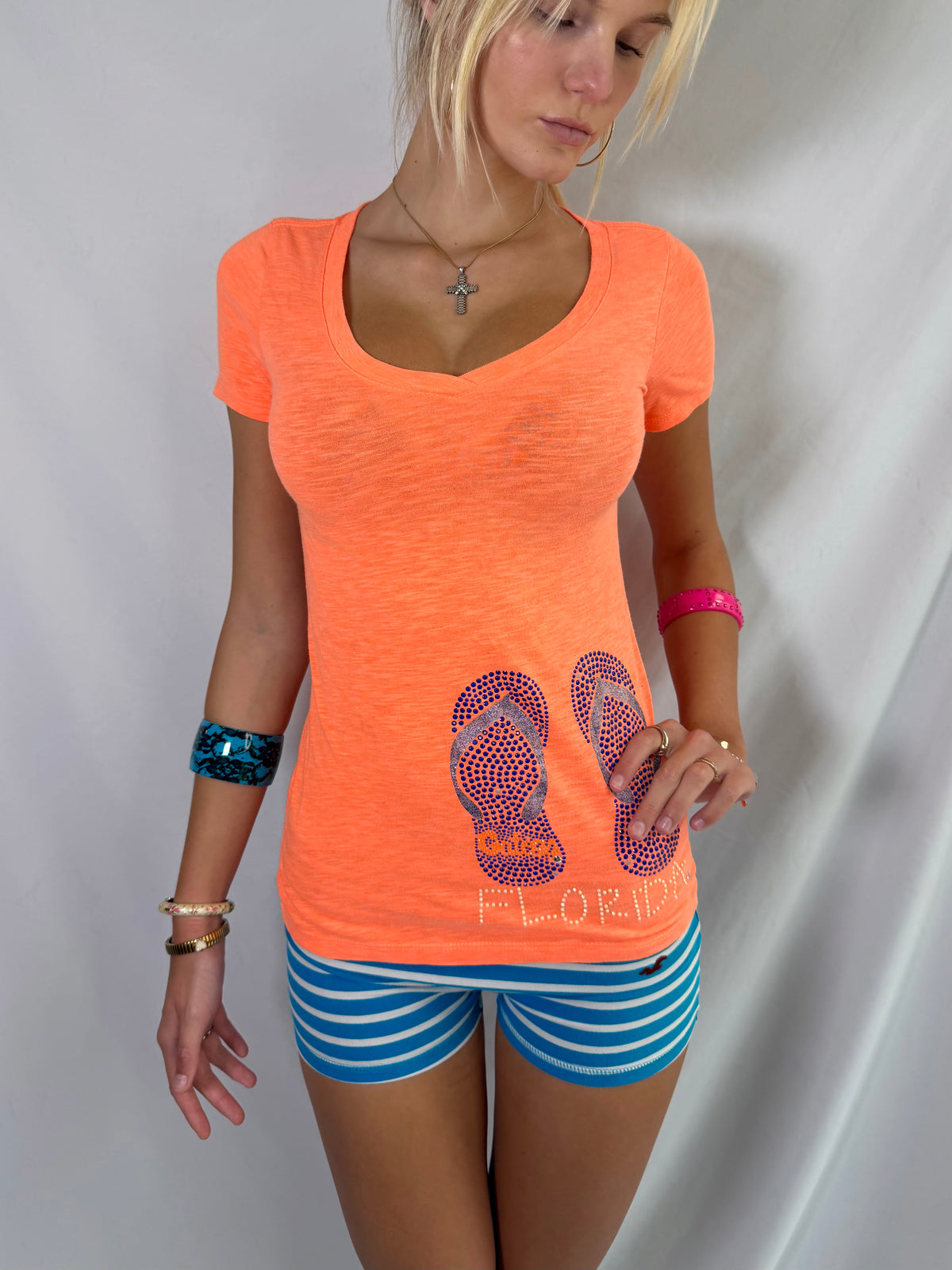 Vintage orange rhinestone v neck top