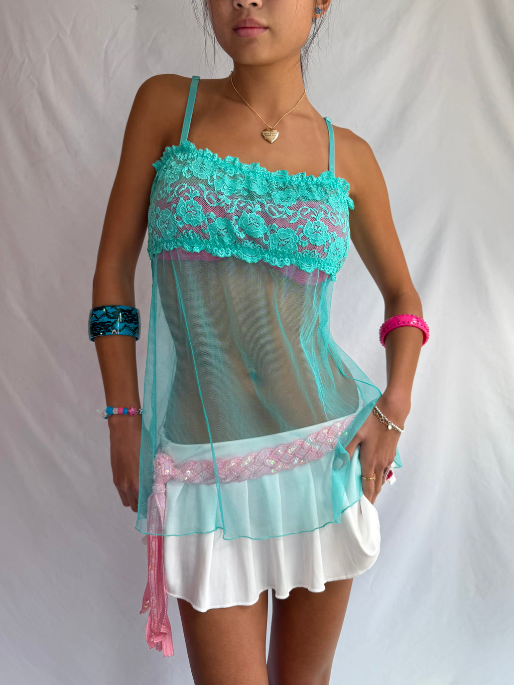 Vintage teal lace babydoll cami