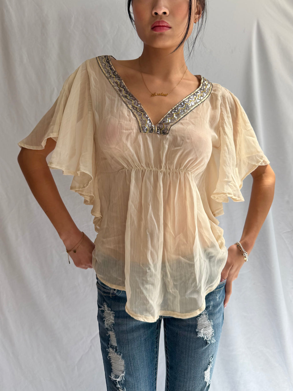 Vintage gold sequin flowy top
