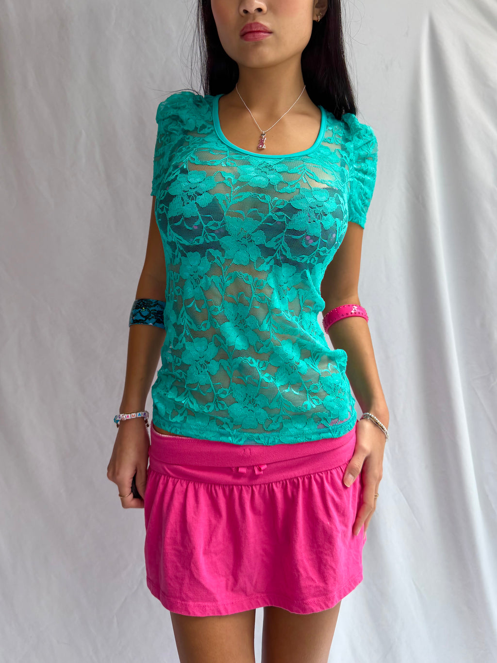 Vintage teal sheer lace top