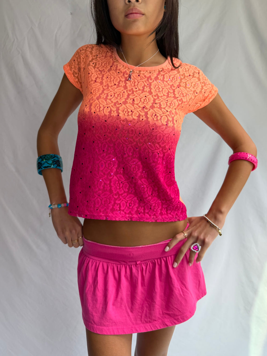 Vintage pink ombre lace baby tee