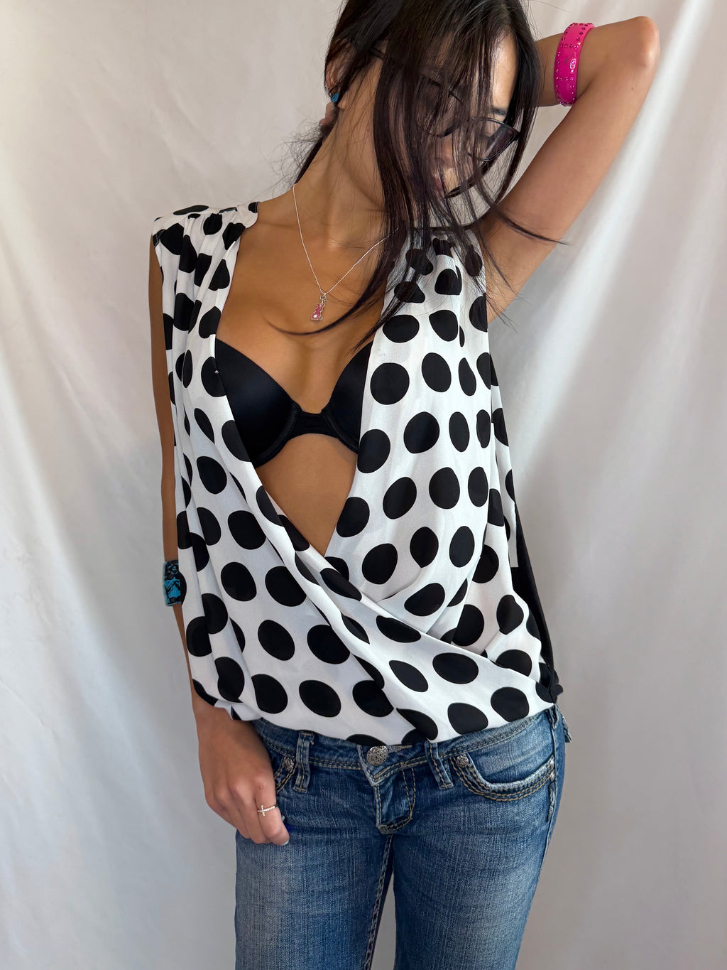 Vintage low draped polka dot top