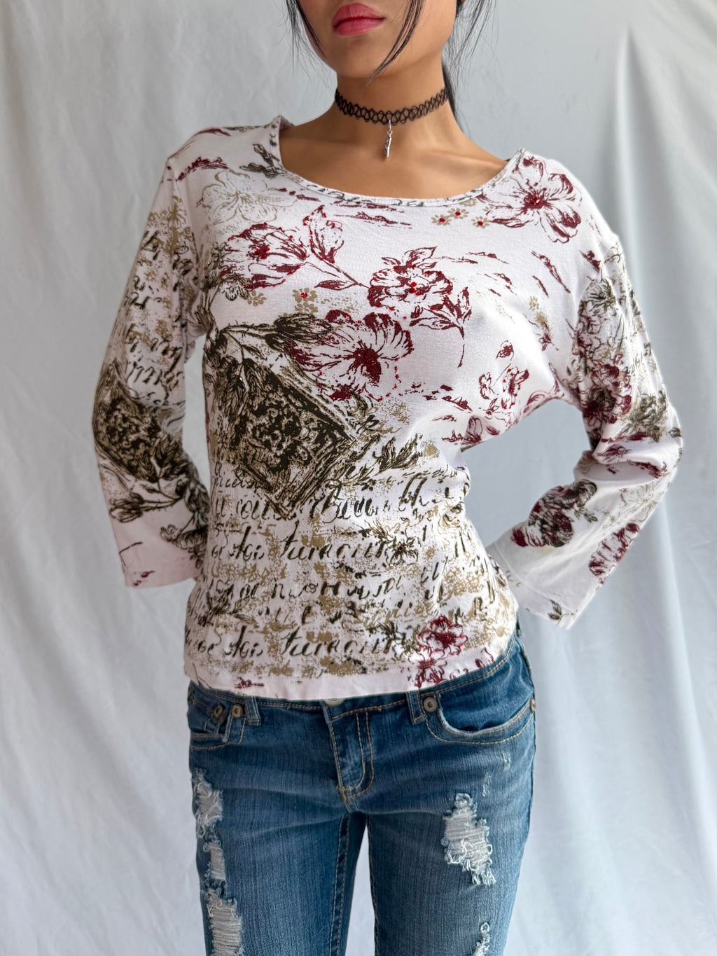 Vintage white & brown rhinestone long sleeve top