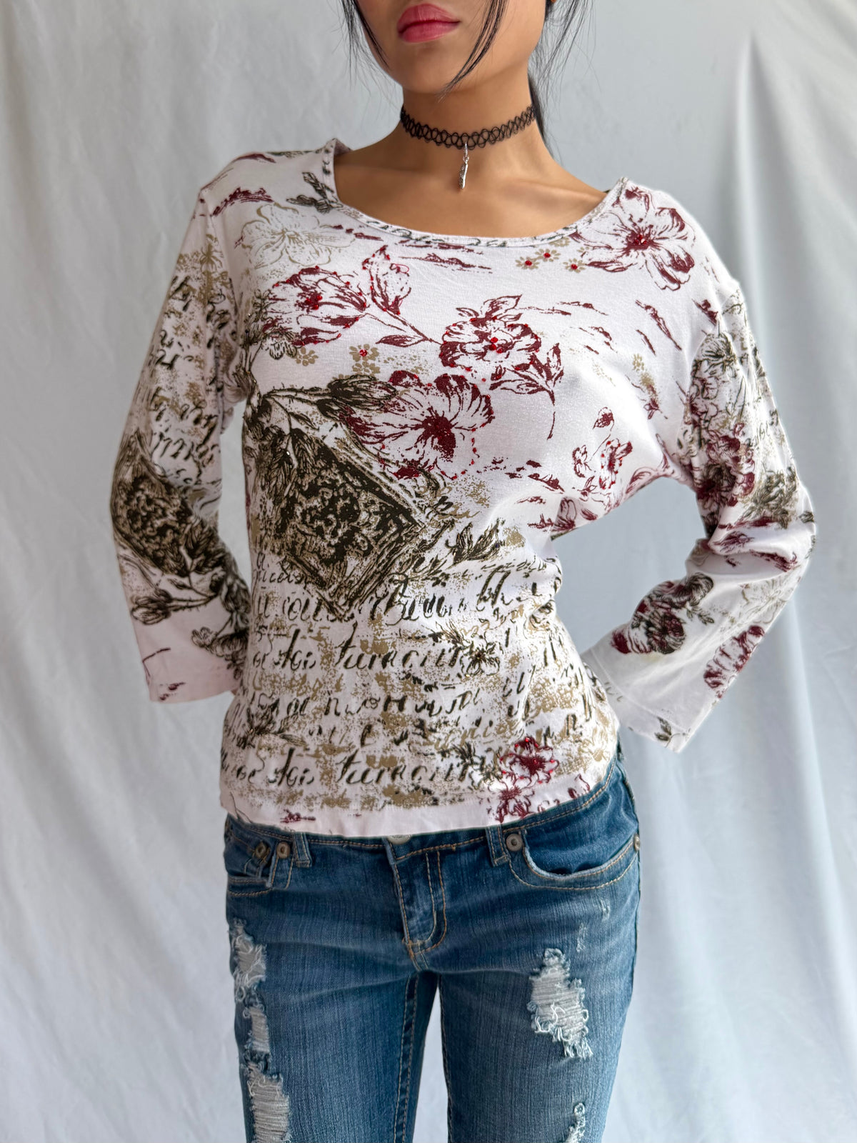 Vintage white & brown rhinestone long sleeve top