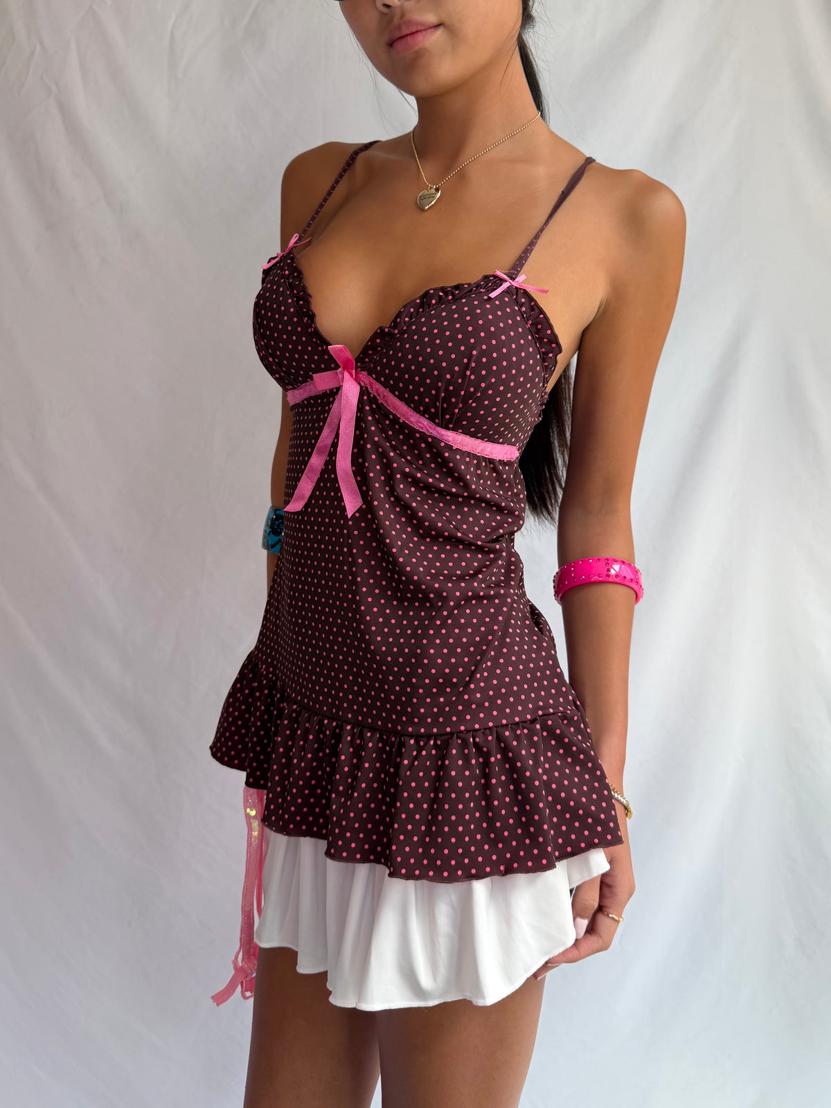 Vintage pink polka dot babydoll cami top