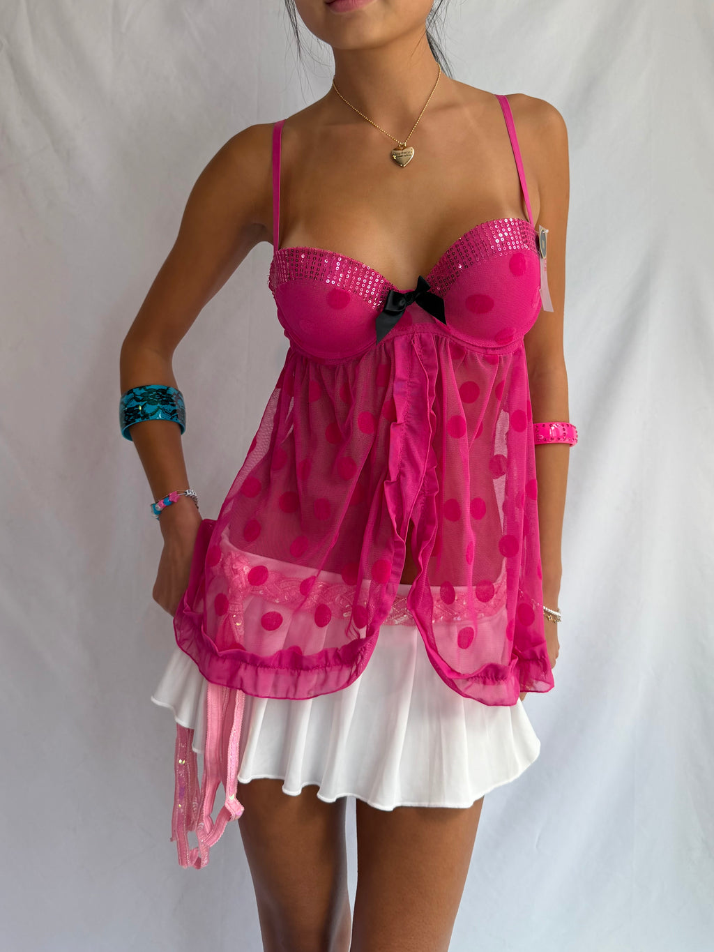 Vintage pink polka dot babydoll cami top