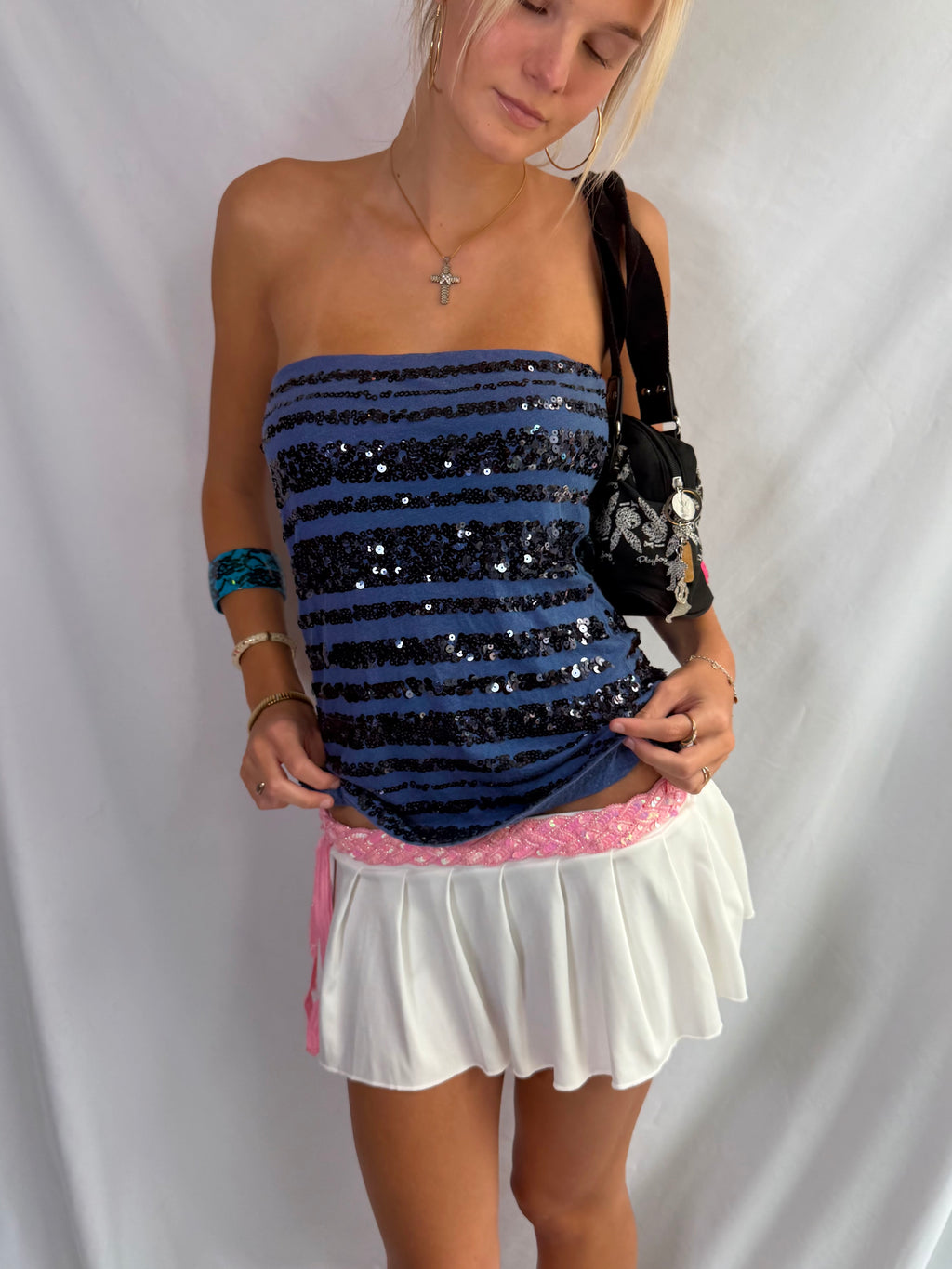 Vintage navy sequin strapless top