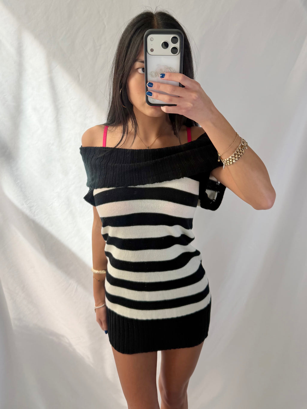 Vintage black & white striped sweater mini dress