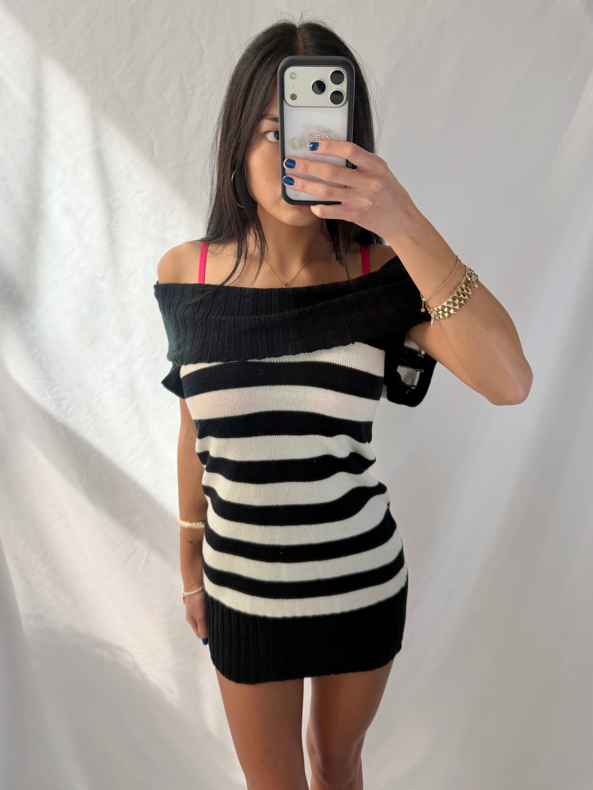 Vintage black & white striped sweater mini dress