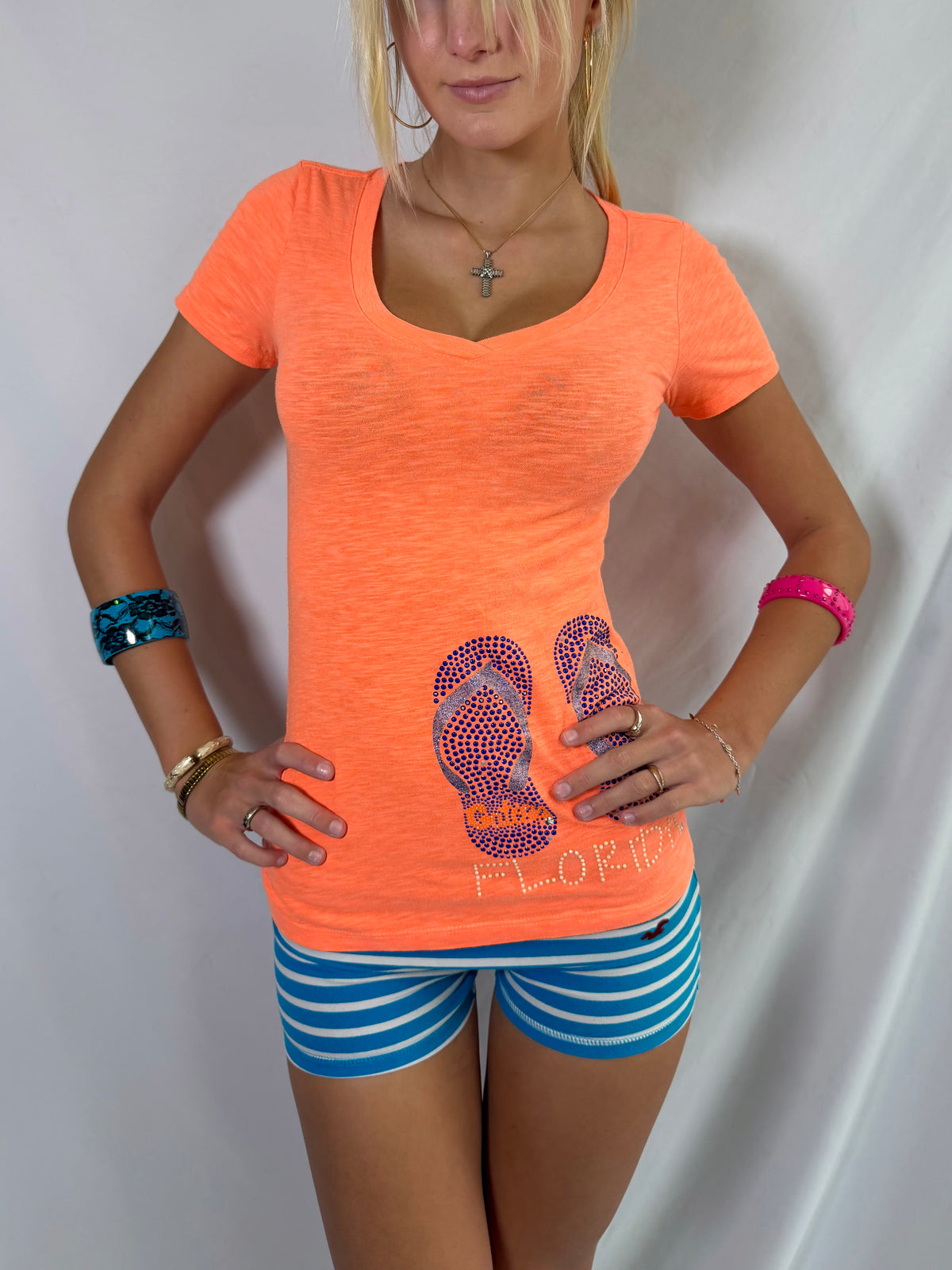 Vintage orange rhinestone v neck top