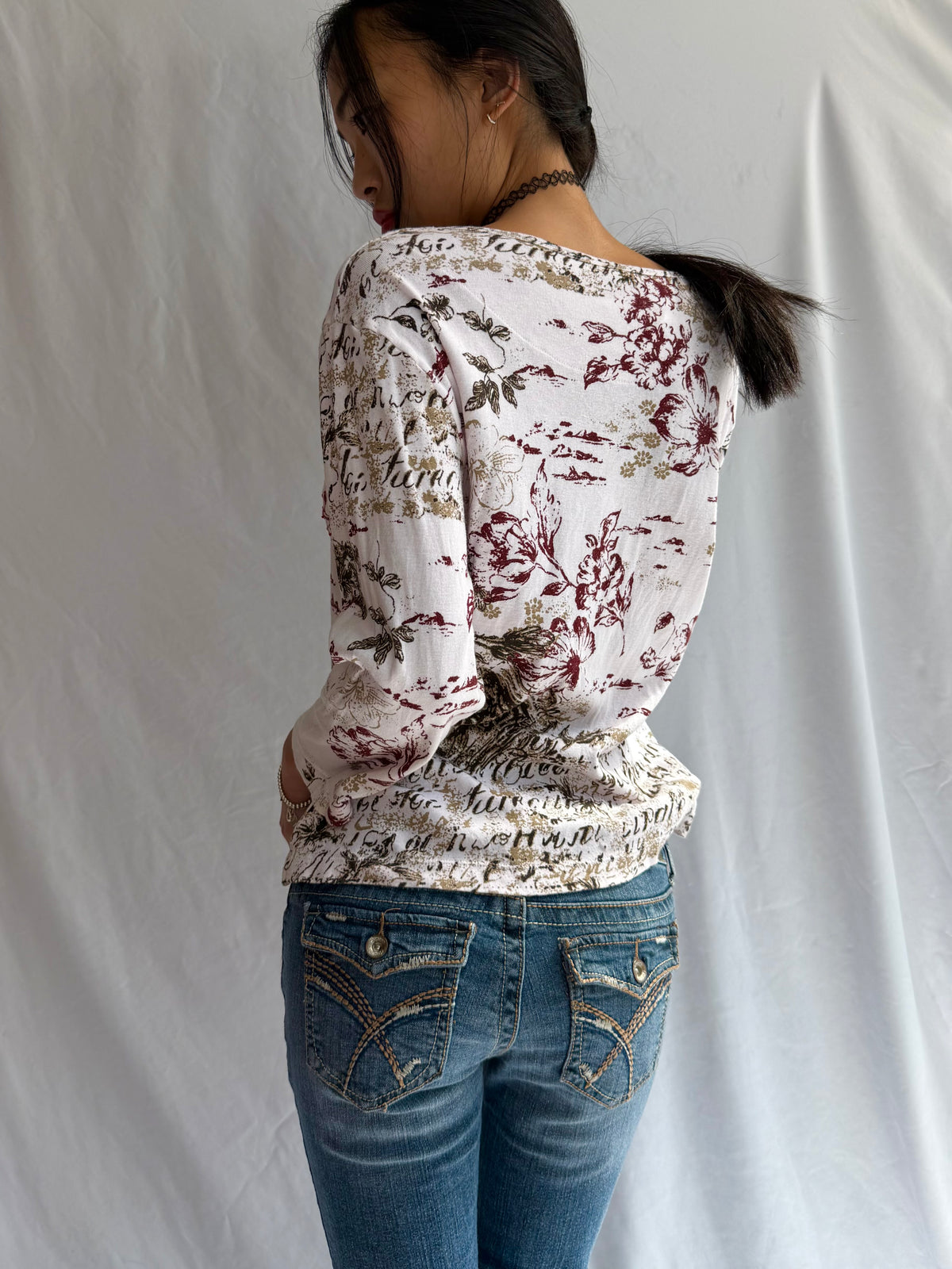 Vintage white & brown rhinestone long sleeve top