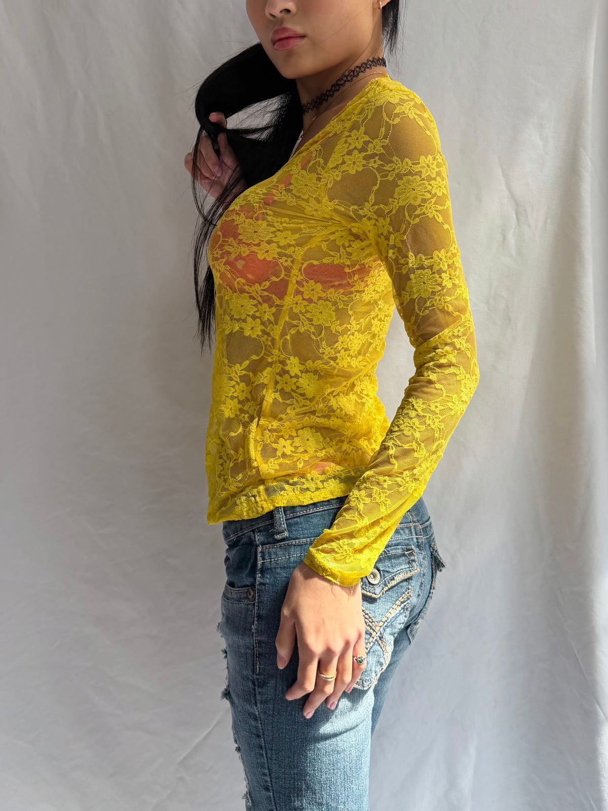 Vintage yellow lace long sleeve top